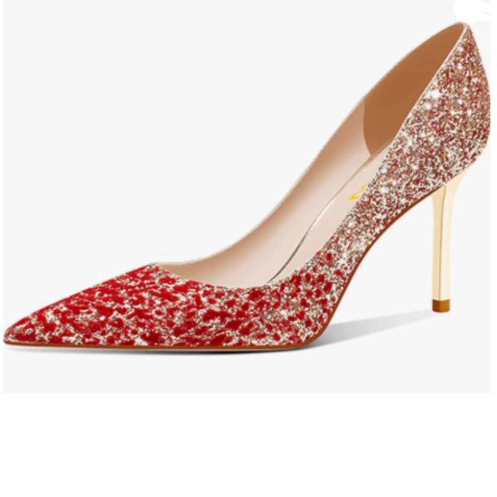 FSJ Red Gradient Shiny Glitter Pointy Toe Pumps Sparkly High Heel Sexy Shoes